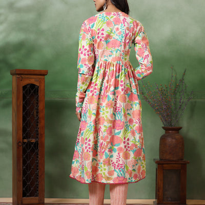 Abstract Floral & Stripes Printed A-Line Pleated Kurta with Pant - Peach