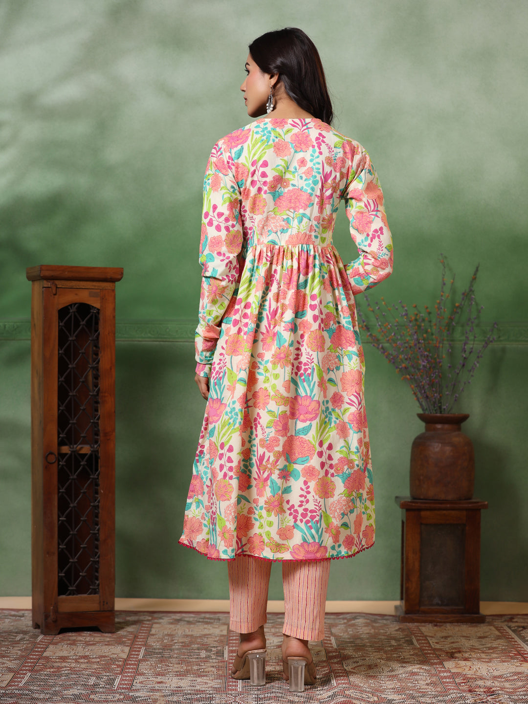 Abstract Floral & Stripes Printed A-Line Pleated Kurta with Pant - Peach