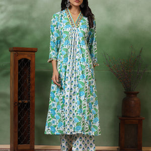 Ethnic Floral Printed A-Line Paneled Kurta with Palazzo - Green