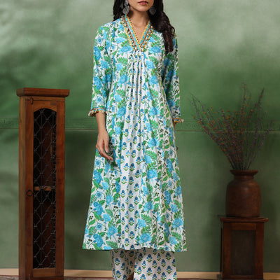 Ethnic Floral Printed A-Line Paneled Kurta with Palazzo - Green