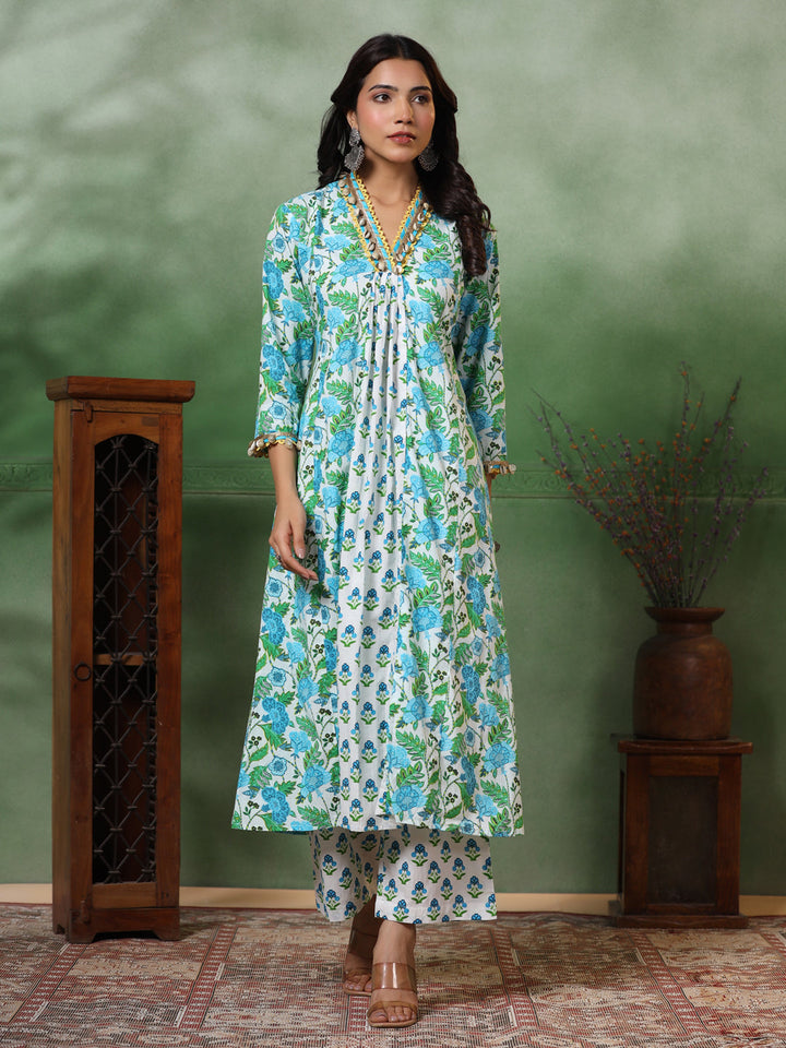 Ethnic Floral Printed A-Line Paneled Kurta with Palazzo - Green