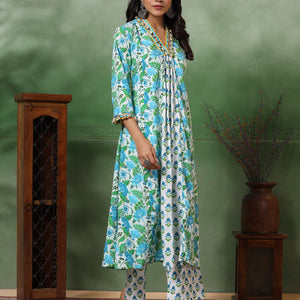 Ethnic Floral Printed A-Line Paneled Kurta with Palazzo - Green