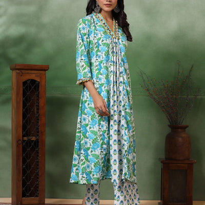 Ethnic Floral Printed A-Line Paneled Kurta with Palazzo - Green