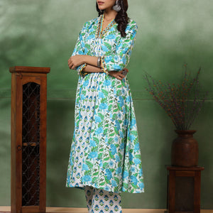 Ethnic Floral Printed A-Line Paneled Kurta with Palazzo - Green