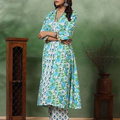 Ethnic Floral Printed A-Line Paneled Kurta with Palazzo - Green