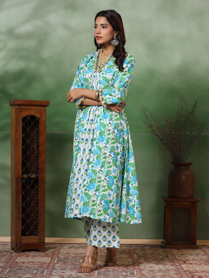 Ethnic Floral Printed A-Line Paneled Kurta with Palazzo - Green