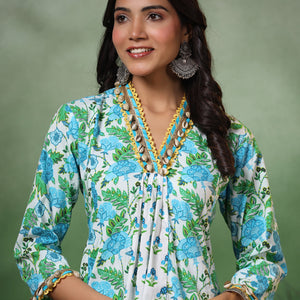 Ethnic Floral Printed A-Line Paneled Kurta with Palazzo - Green