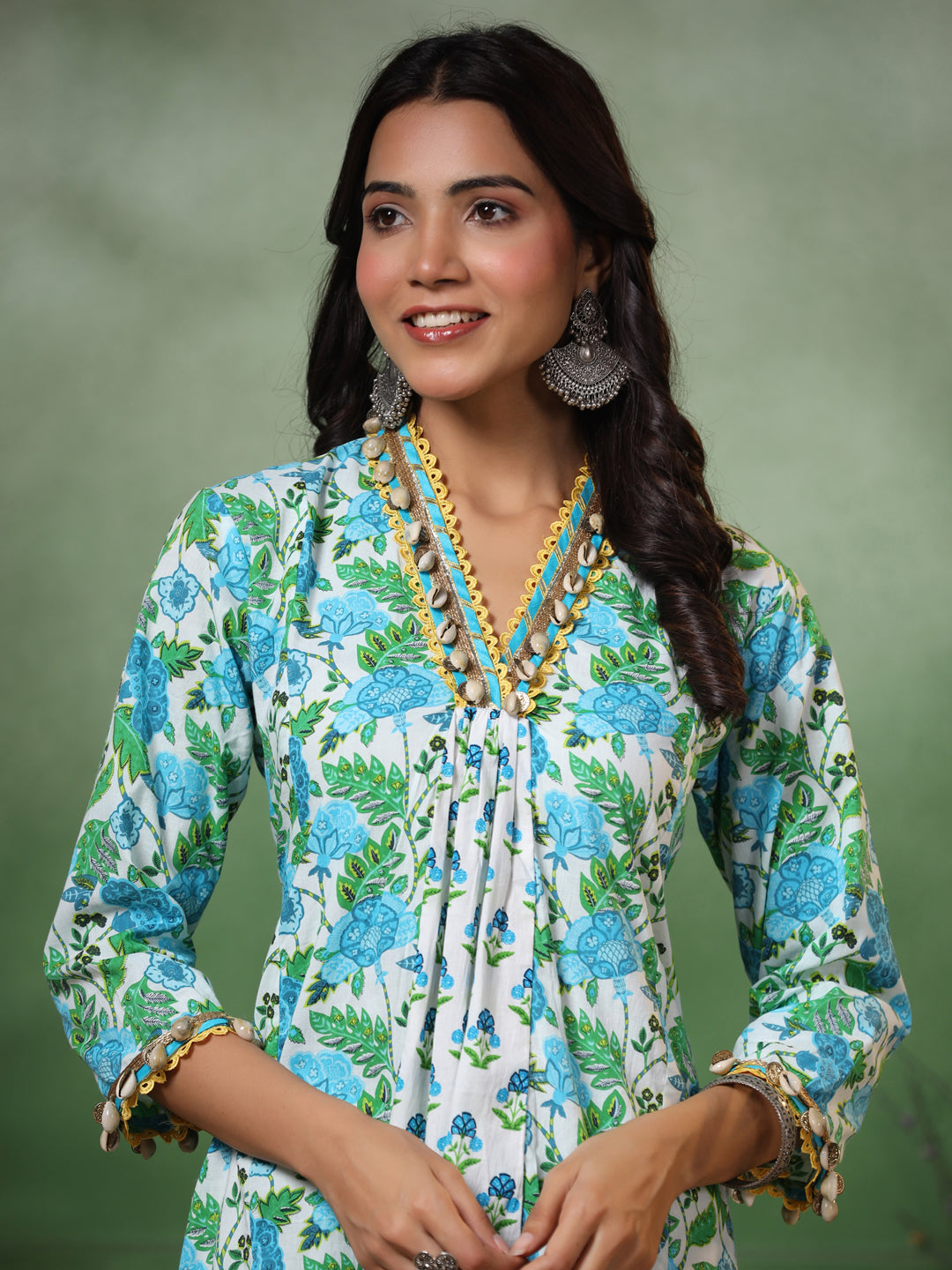 Ethnic Floral Printed A-Line Paneled Kurta with Palazzo - Green