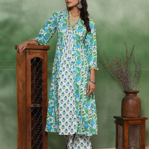 Ethnic Floral Printed A-Line Paneled Kurta with Palazzo - Green