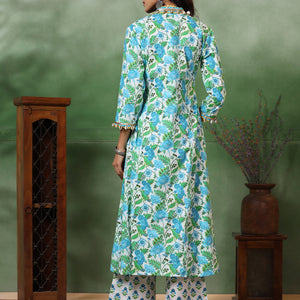 Ethnic Floral Printed A-Line Paneled Kurta with Palazzo - Green