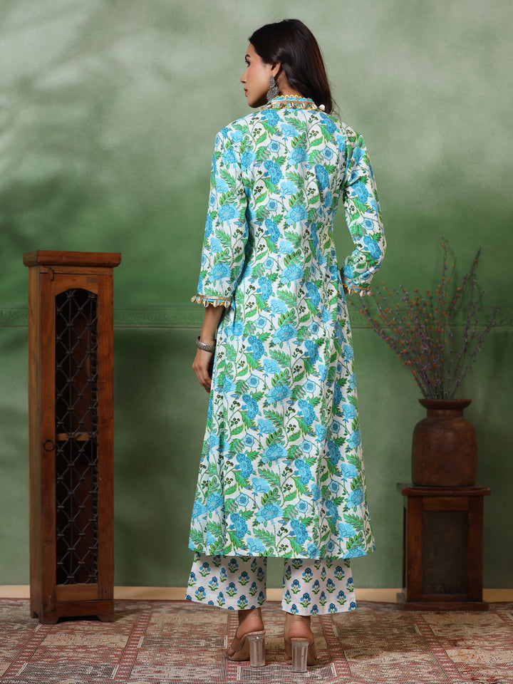 Ethnic Floral Printed A-Line Paneled Kurta with Palazzo - Green