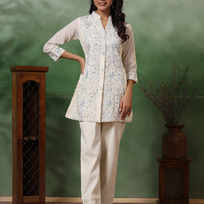 Floral Thread & Sequin Embroidered Straight Kurta with Pant - Off White