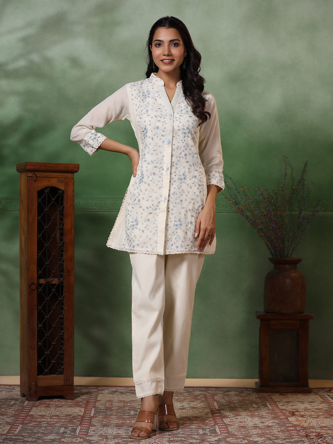 Floral Thread & Sequin Embroidered Straight Kurta with Pant - Off White