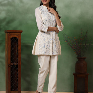 Floral Thread & Sequin Embroidered Straight Kurta with Pant - Off White