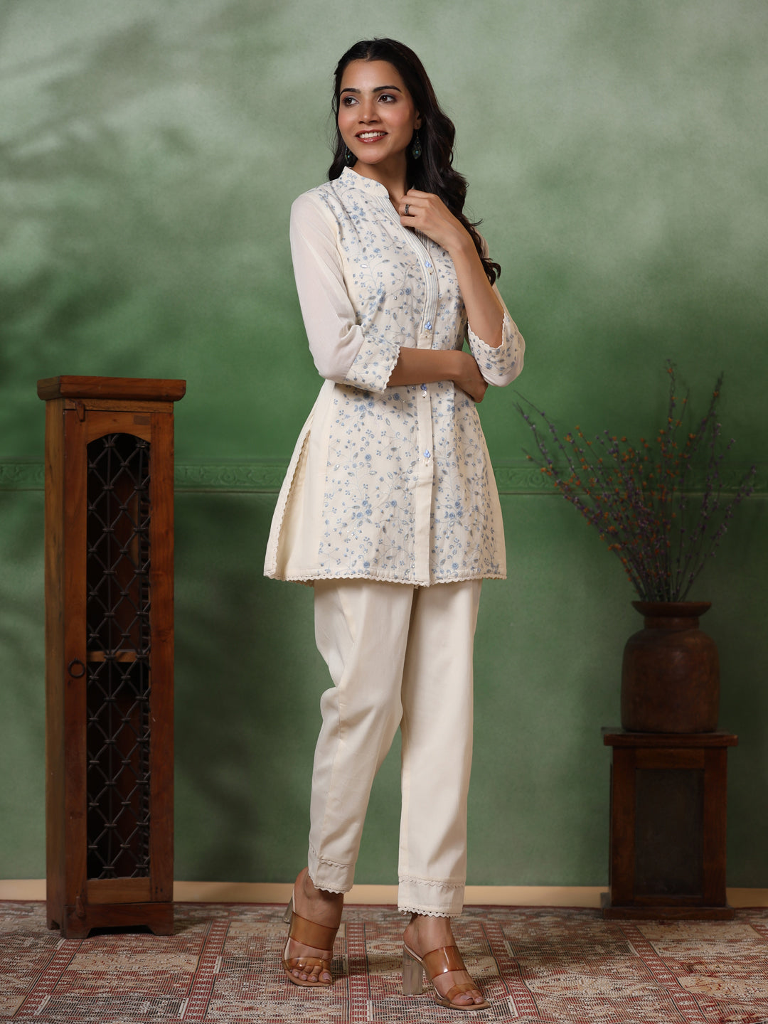 Floral Thread & Sequin Embroidered Straight Kurta with Pant - Off White