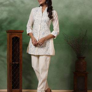 Floral Thread & Sequin Embroidered Straight Kurta with Pant - Off White