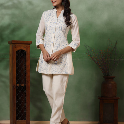 Floral Thread & Sequin Embroidered Straight Kurta with Pant - Off White