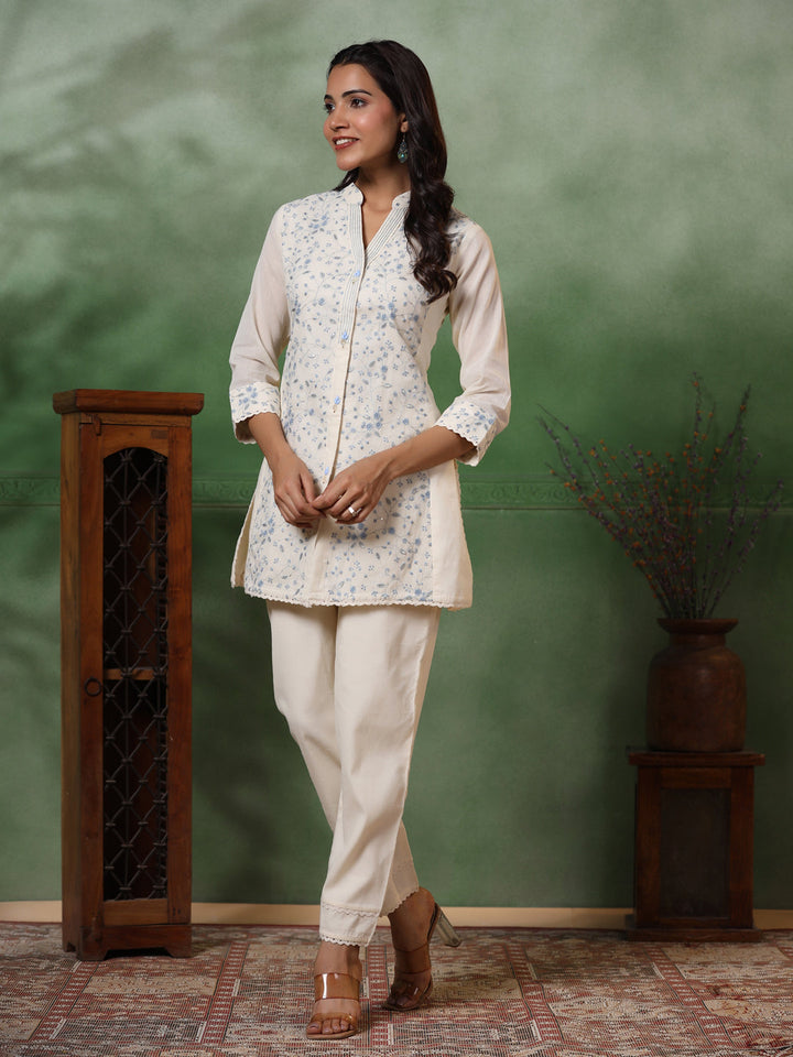 Floral Thread & Sequin Embroidered Straight Kurta with Pant - Off White