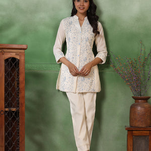Floral Thread & Sequin Embroidered Straight Kurta with Pant - Off White