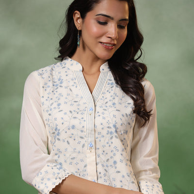 Floral Thread & Sequin Embroidered Straight Kurta with Pant - Off White