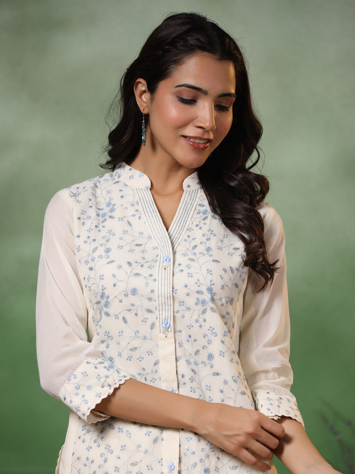 Floral Thread & Sequin Embroidered Straight Kurta with Pant - Off White