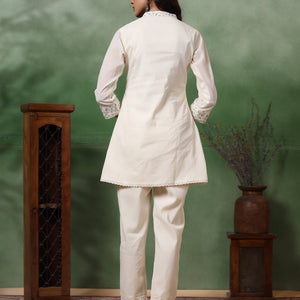 Floral Thread & Sequin Embroidered Straight Kurta with Pant - Off White