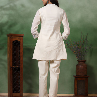 Floral Thread & Sequin Embroidered Straight Kurta with Pant - Off White