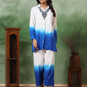 Ombre Dyed & Embroidered Straight Fit Co-ord Set with a Neckpiece - Blue