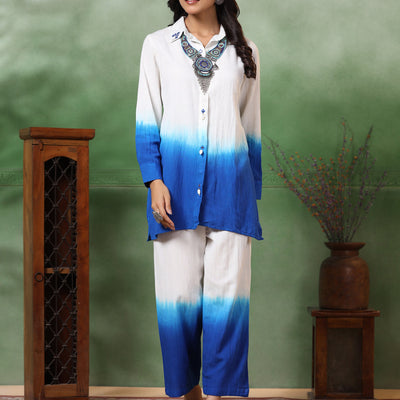 Ombre Dyed & Embroidered Straight Fit Co-ord Set with a Neckpiece - Blue
