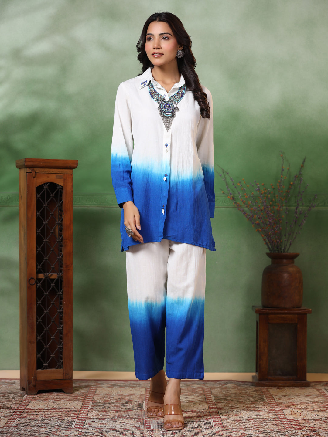 Ombre Dyed & Embroidered Straight Fit Co-ord Set with a Neckpiece - Blue