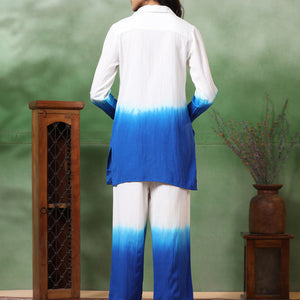 Ombre Dyed & Embroidered Straight Fit Co-ord Set with a Neckpiece - Blue