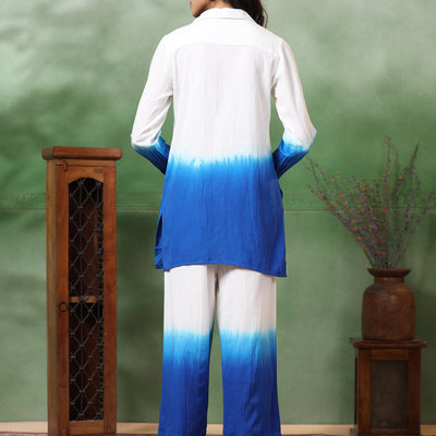 Ombre Dyed & Embroidered Straight Fit Co-ord Set with a Neckpiece - Blue