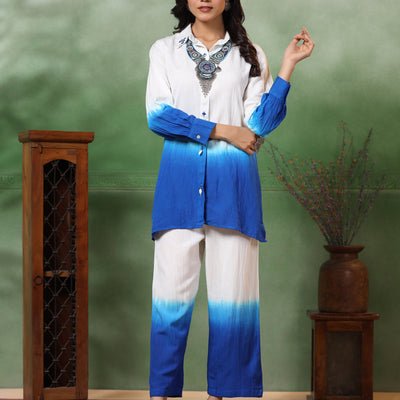 Ombre Dyed & Embroidered Straight Fit Co-ord Set with a Neckpiece - Blue