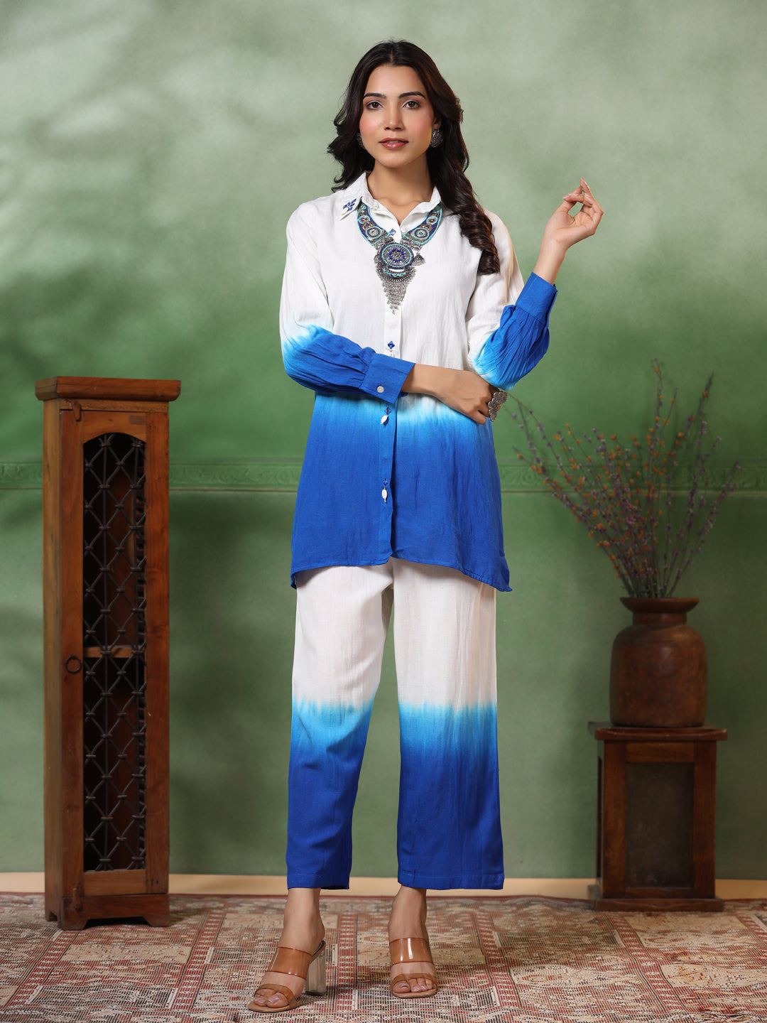 Ombre Dyed & Embroidered Straight Fit Co-ord Set with a Neckpiece - Blue