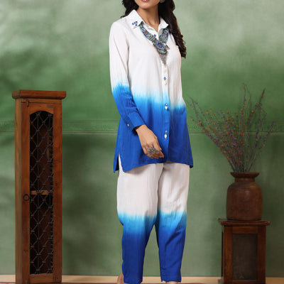 Ombre Dyed & Embroidered Straight Fit Co-ord Set with a Neckpiece - Blue