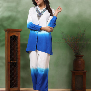 Ombre Dyed & Embroidered Straight Fit Co-ord Set with a Neckpiece - Blue