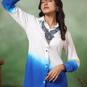 Ombre Dyed & Embroidered Straight Fit Co-ord Set with a Neckpiece - Blue