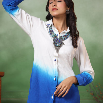 Ombre Dyed & Embroidered Straight Fit Co-ord Set with a Neckpiece - Blue