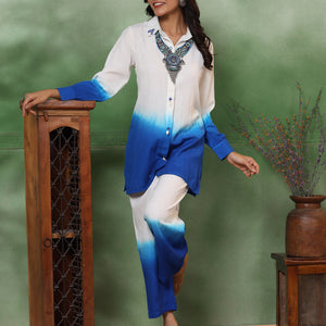Ombre Dyed & Embroidered Straight Fit Co-ord Set with a Neckpiece - Blue