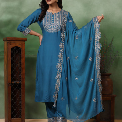Solid Ethnic Embroidered Straight Kurta with Pant & Dupatta - Turquoise Blue