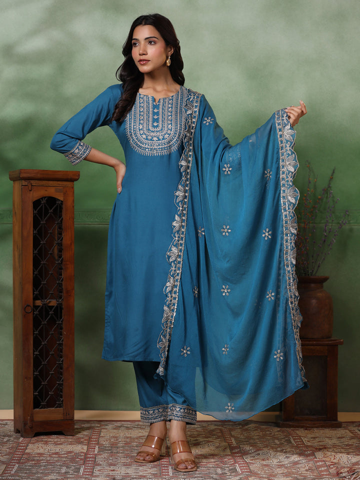 Solid Ethnic Embroidered Straight Kurta with Pant & Dupatta - Turquoise Blue