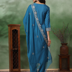 Solid Ethnic Embroidered Straight Kurta with Pant & Dupatta - Turquoise Blue