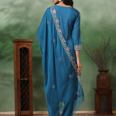 Solid Ethnic Embroidered Straight Kurta with Pant & Dupatta - Turquoise Blue