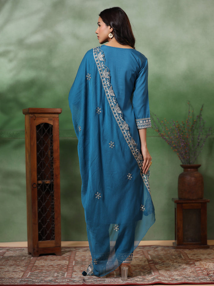 Solid Ethnic Embroidered Straight Kurta with Pant & Dupatta - Turquoise Blue