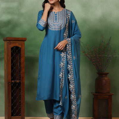 Solid Ethnic Embroidered Straight Kurta with Pant & Dupatta - Turquoise Blue