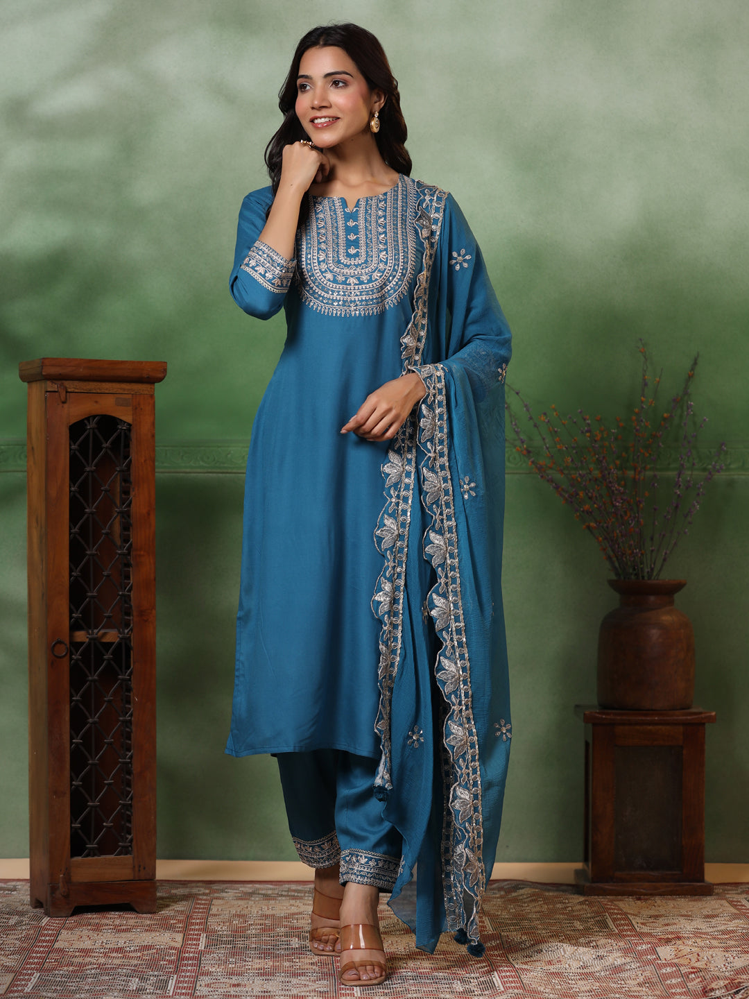 Solid Ethnic Embroidered Straight Kurta with Pant & Dupatta - Turquoise Blue