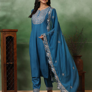 Solid Ethnic Embroidered Straight Kurta with Pant & Dupatta - Turquoise Blue
