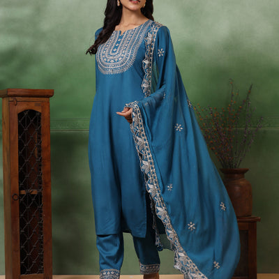 Solid Ethnic Embroidered Straight Kurta with Pant & Dupatta - Turquoise Blue