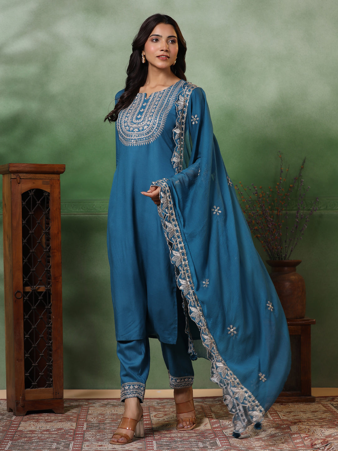 Solid Ethnic Embroidered Straight Kurta with Pant & Dupatta - Turquoise Blue