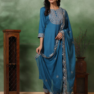 Solid Ethnic Embroidered Straight Kurta with Pant & Dupatta - Turquoise Blue